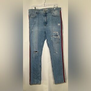 Zara Z1975 Straight Leg Distressed Blue Jeans W/ Red White & Blue Stripe SZ 10